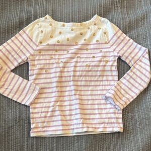 Boden Girls' Pink and White Striped Long-Sleeve Top with Gold Dots